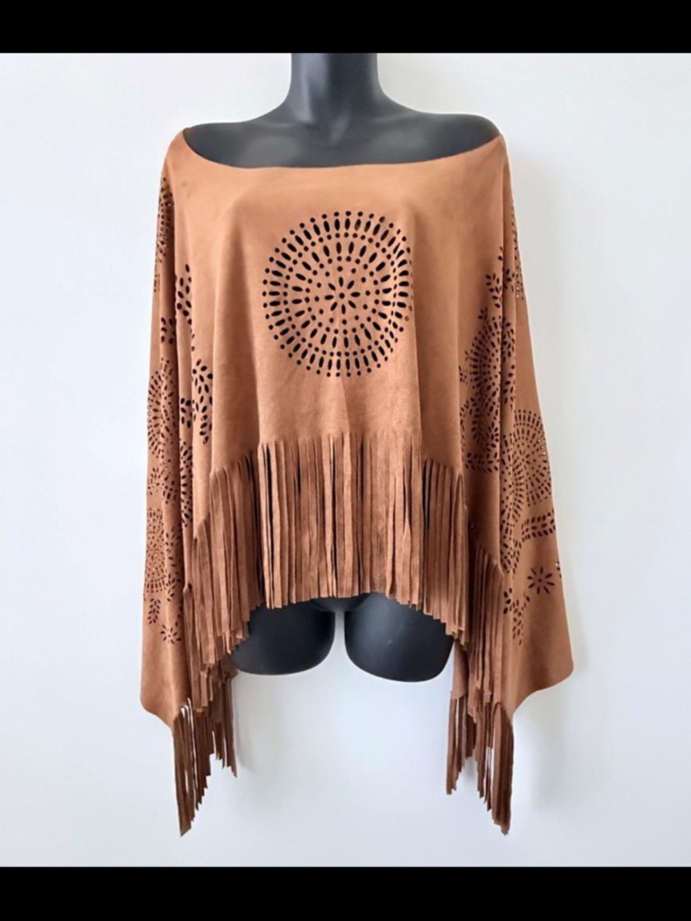 Faux Suede Fringe Poncho Boho Western Laser Cut Shawl Coachella Camel